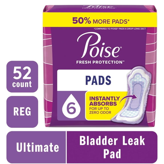 Poise Incontinence Pads for Women, 6 Drop Ultimate Absorbency, Regular Length, 52 Count