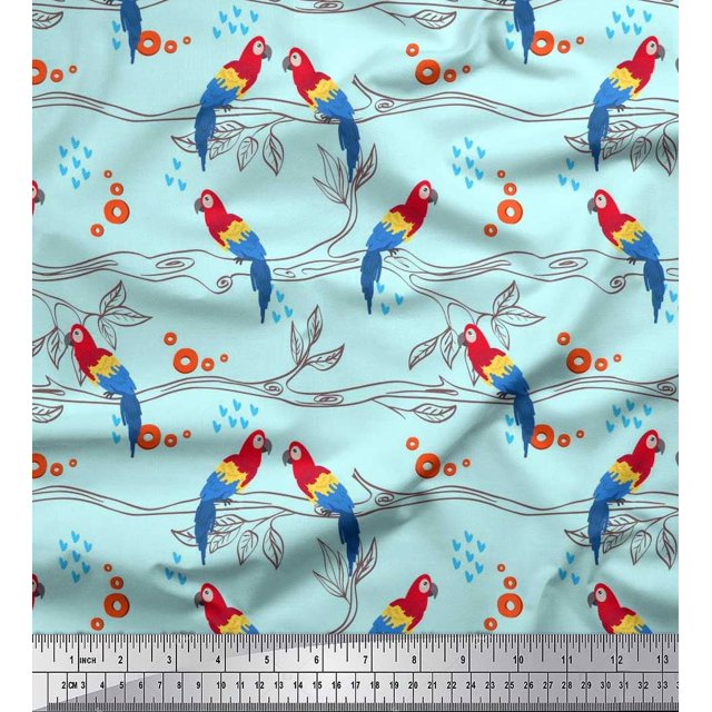 Soimoi Polyester Crepe Fabric Branches,Leaves & Macaw Parrot Bird Decor Fabric Printed Yard 52 Inch Wide