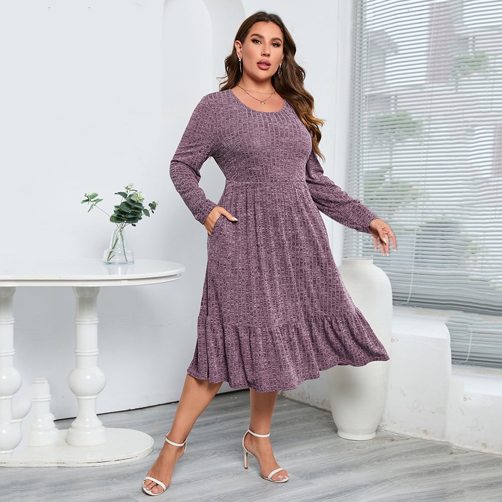 plus size ribbed knit dress Womens Sweater Long Sleeve Stretchy Comfy Casual Fall Dress With Pockets x-colourCode:DEP FUSC