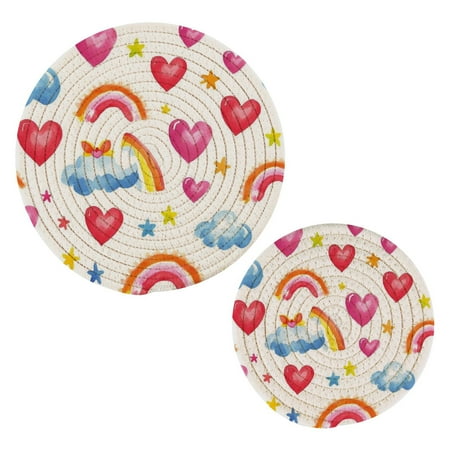 

2 pcs Pot Holders Trivets Heat Resistant Trivets Heart and Rainbow Cotton Thread Weave Mats for Hot Pads Pans Pot Bowl Teapot