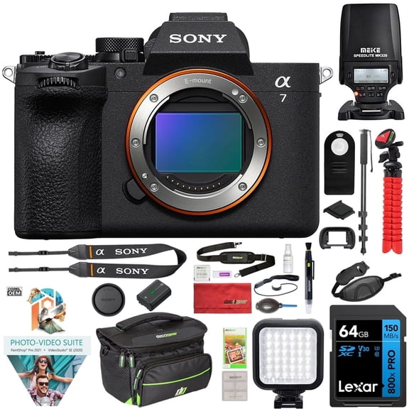 Sony ILCE-7M5/B a7 V Full-frame Mirrorless Camera Body Bundle with MK320 Flash Speedlight, 72" Monopod, Wrist Grip Strap, 64GB Memory Card, Corel Photo Video Suite, Deco Photo Camera Bag More