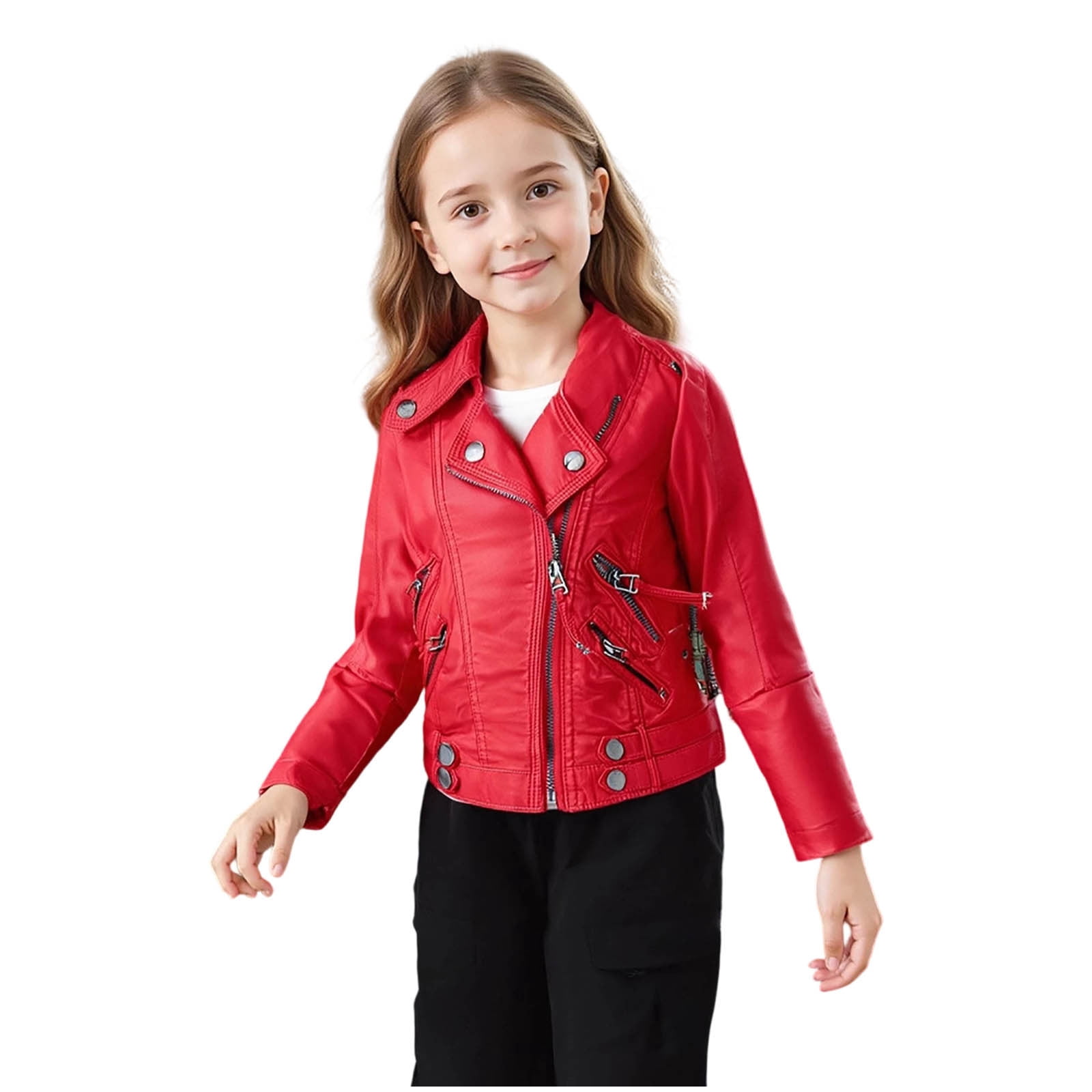ATOGUTA Girls Faux Leather Jacket Motorcycle & Bomber Style for Kids Windproof Zip Jacket with Pockets Size 2T-14, Red