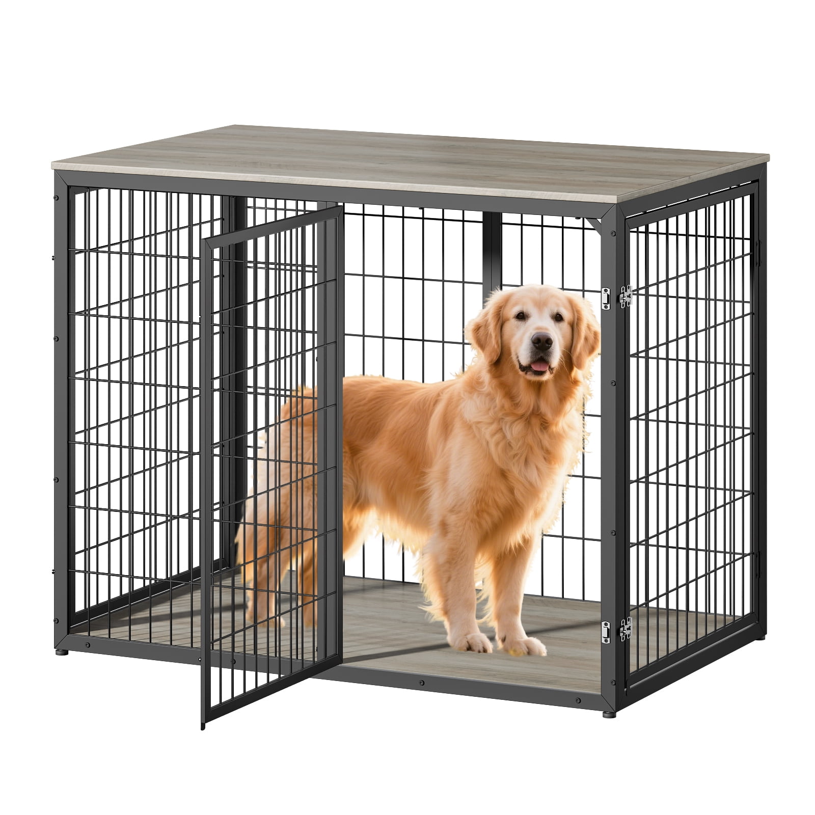 Dog Crate Furniture, Three Door Kennel, Grey Pet House with Ventilated Metal Frame and Storage Top, Large Dog Cage for Living Room, 47 Inch Grey