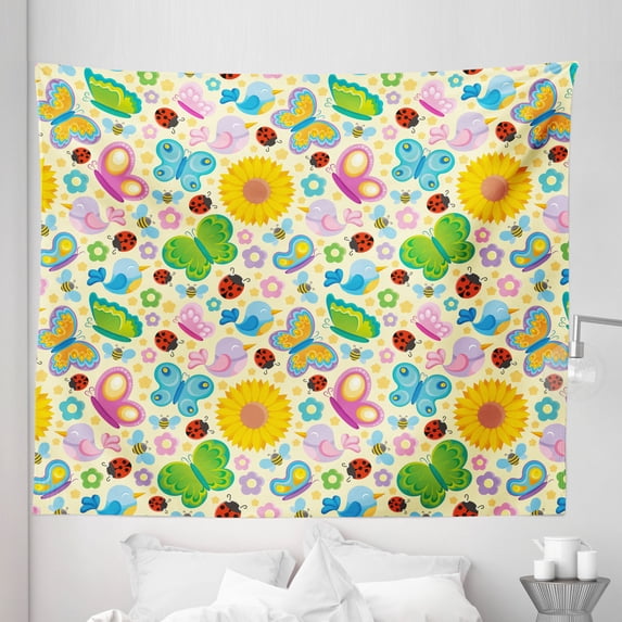 Cartoon Tapestry, Spring Themed Vivid Colored Seasonal Elements Blooming Flowers Ladybugs Bees Birds, Fabric Wall Hanging Decor for Bedroom Living Room Dorm, 5 Sizes, Multicolor, by Ambesonne