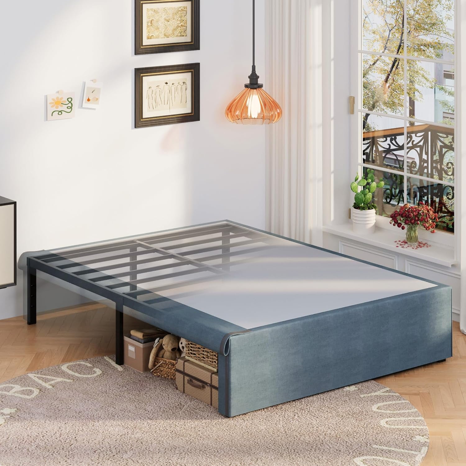 Lutown-Teen 18 inch Bed Frame king Size with Fabric Cover, No Box Spring Needed, Easy to Install, Black