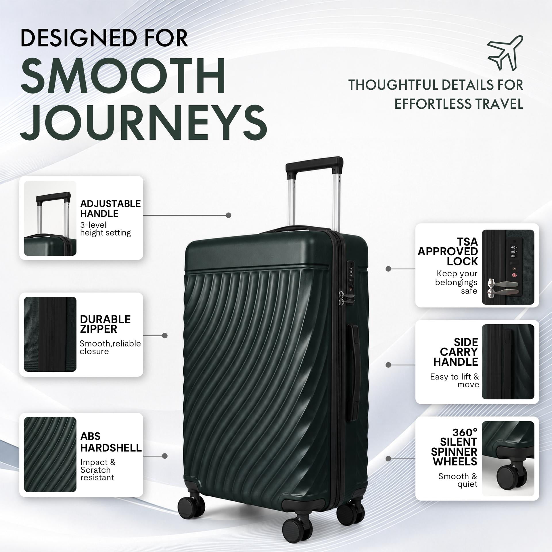 3-Piece ABS Hardshell Luggage Set, Lightweight Durable Suitcases with 4 Silent Spinner Wheels & TSA Lock, Wave-Embossed Scratch-Resistant Shell, 20/24/28 Inch, Dark Green