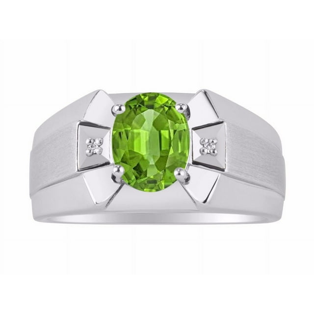 RYLOS Men's Rings 14K White Gold Rings Classic Designer 9X7MM Oval Gemstone & Sparkling Diamond Ring Peridot August Birthstone Ring Size 9
