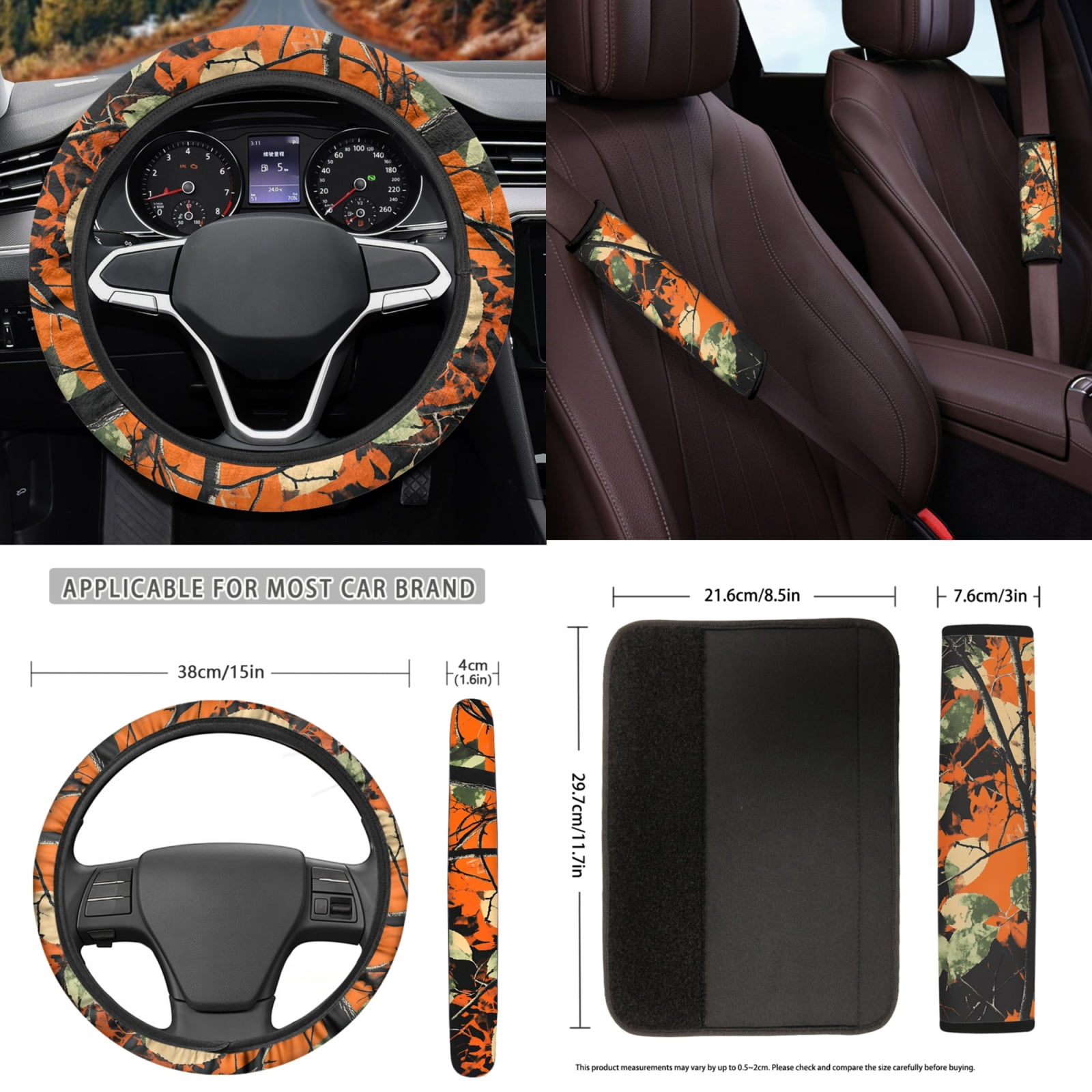 Yuyamidu Camo Hunting Car Seat Cover Full Set Orange Wood Car Floor Mats Steering Wheel Cover Seatbelt Pad Cup Coaster Handbrake Cover Gear Shift Knob Cover 15pcs Auto Accessories Set for Sedan