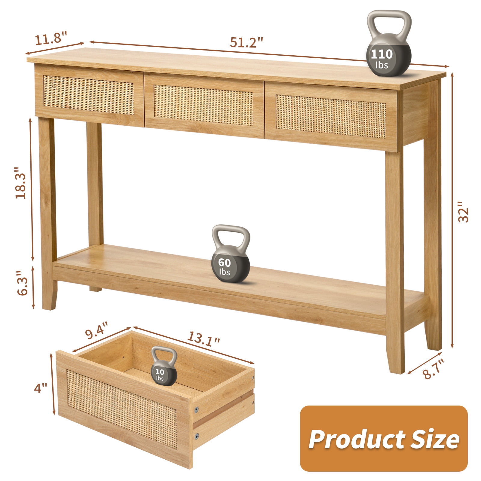 Rattan Console Table, Boho Entryway Sofa Table with 3 Drawers & Storage Shelf, Natural Wood