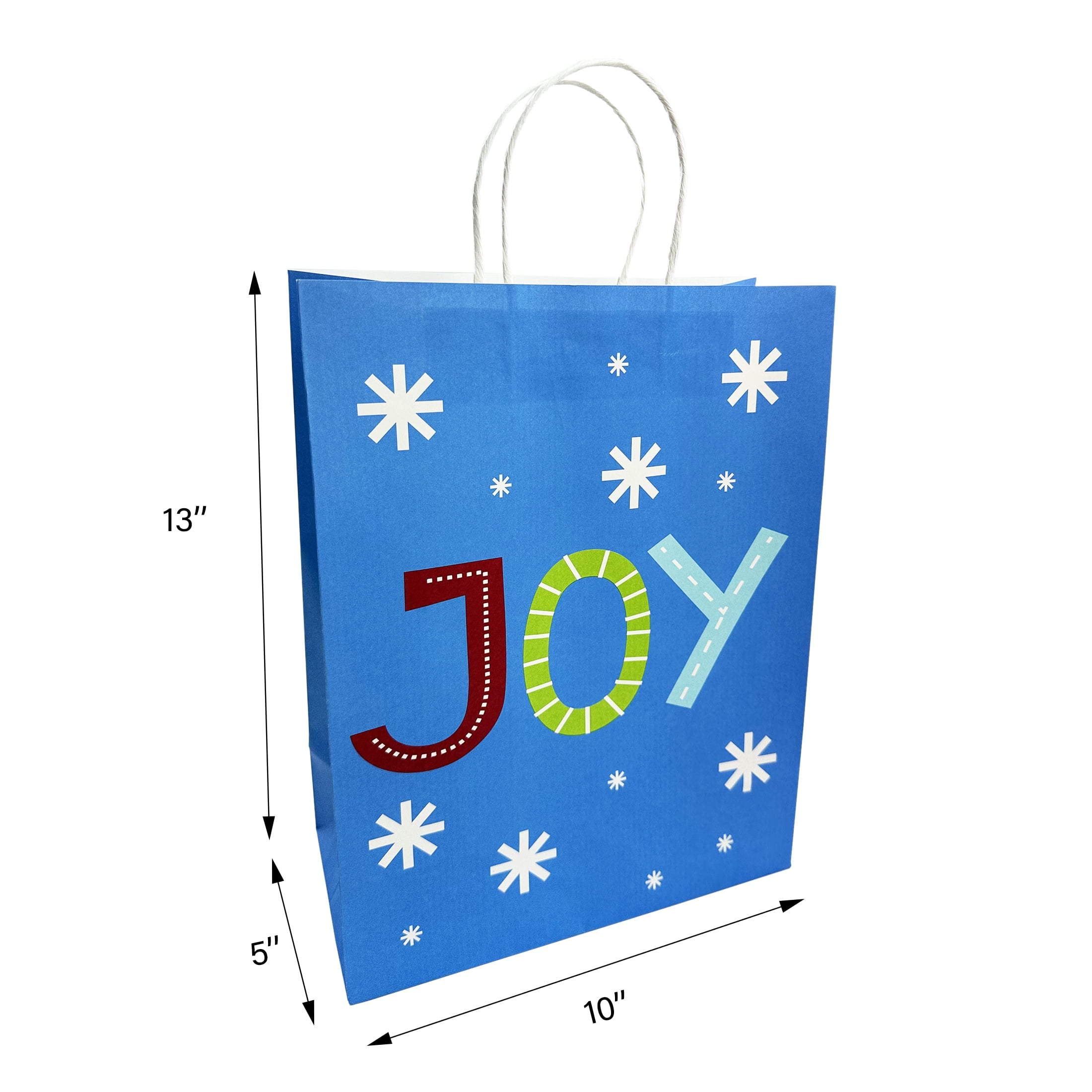 Holiday Time Christmas Gift Paper Bag, Green Penguin, Red Snowman, Merry Christmas, Green Santa, Blue Candy cane, Blue JOY, Large, 10x5x13in