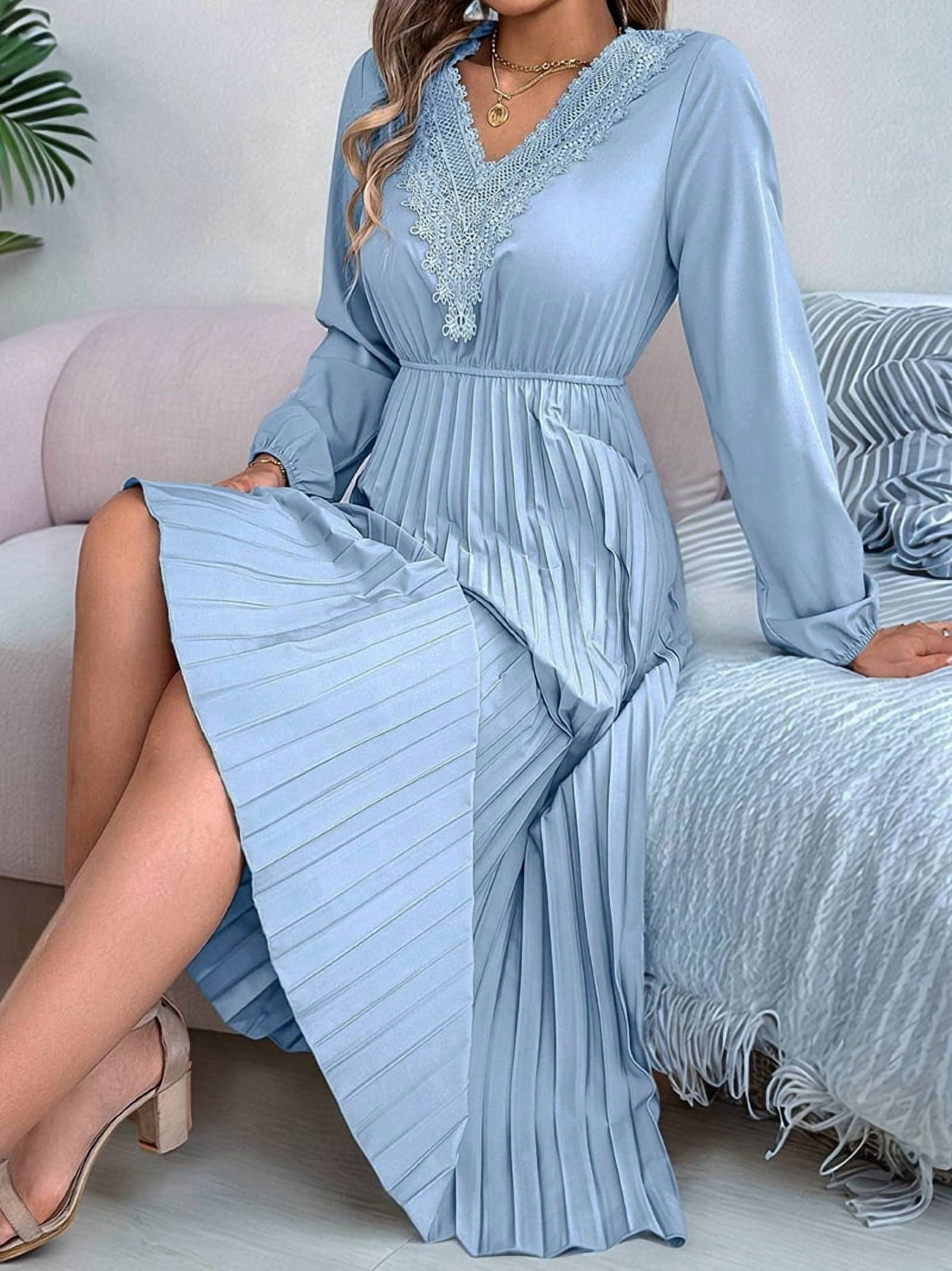 Women Fall Long Sleeve Dress Casual V Neck Pleated A Line Light Blue M