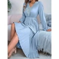 thumbnail image 3 of Women Fall Long Sleeve Dress Casual V Neck Pleated A Line Light Blue S, 3 of 5