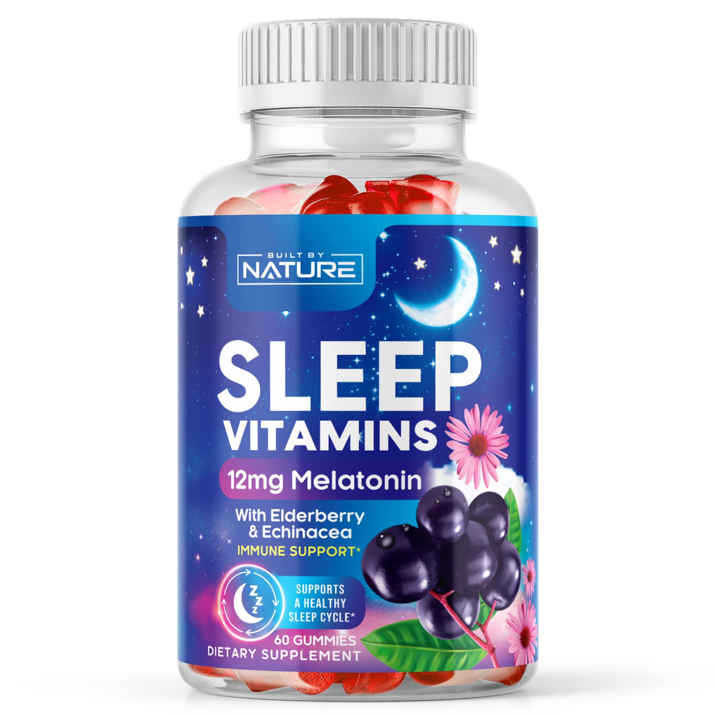 Sleep Vitamins 12mg Melatonin Gummies with Elderberry, Echinacea, Zinc and Vitamin C for Immune