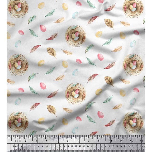 Soimoi White Poly Georgette Fabric Nest & Feather Decor Fabric Printed Yard 42 Inch Wide