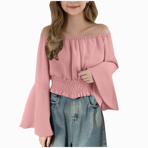 TAmten Girls Blouse Trumpet Sleeve Tops Summer Trendy Solid Boho Tunic Shirts Off Shoulder Size 9-10 Years