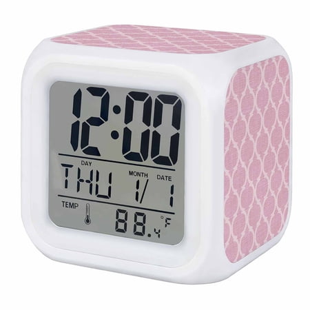 Alarm Clocks Moroccan Texture Digital Clock 7 Color LED Night Light Silent Non-Ticking Battery Operated Vintage Pink Linen Cube Clocks Decorative for Bedroom Bedside Living Room Office School Decor