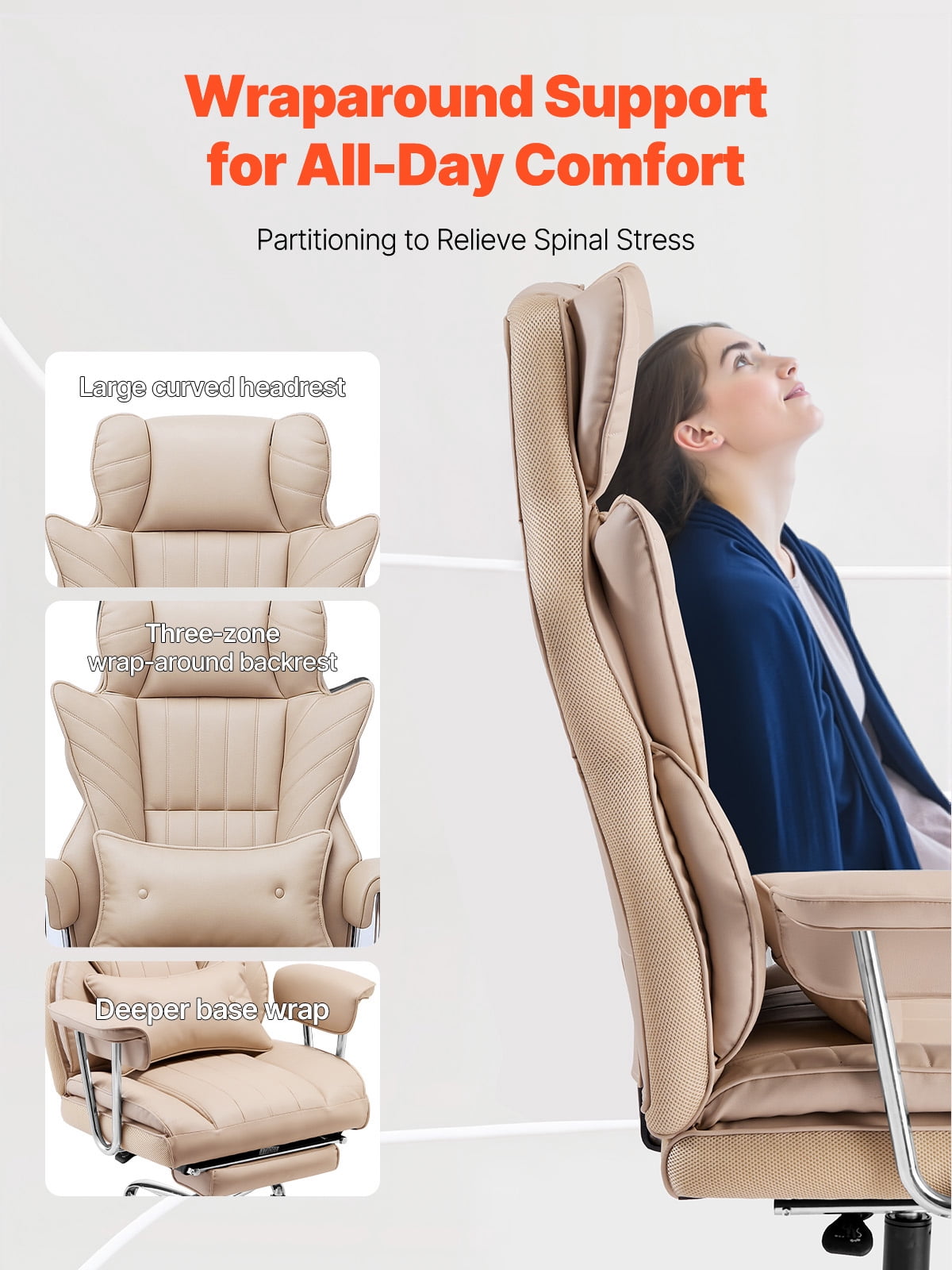 KFFKFF Managerial Office Seat, Tall Backrest Chair with Retractable Footstool and Detachable Arm Supports, Comfortable Workstation Chair, PU Leather Revolving Mobility Chair, Brown