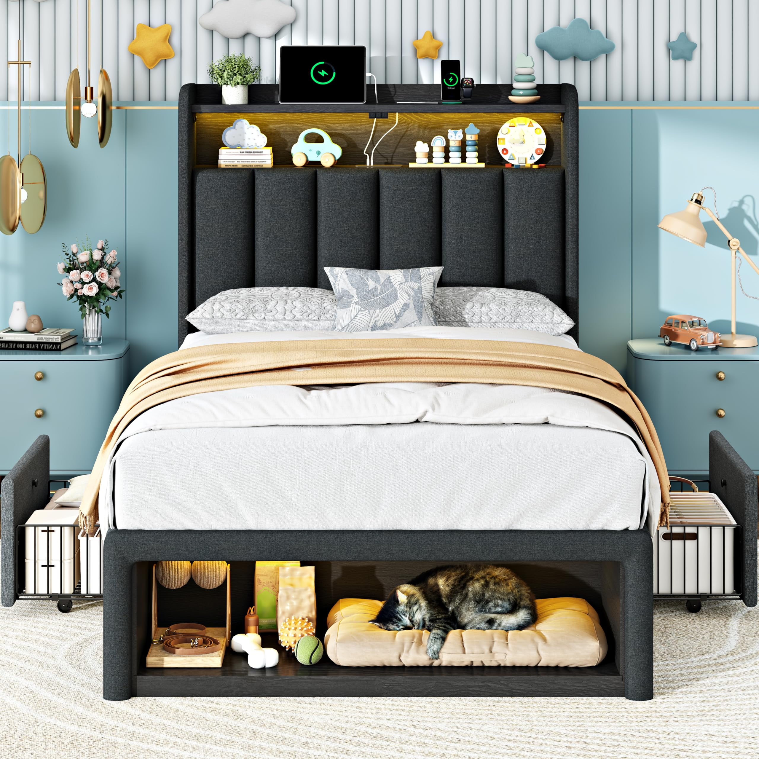 ChicZhiNest Twin Bed Frame with 2 Drawers and Storage Cabinets, Linen Upholstered Headboard LED Platform Bed with Charging Station, Black