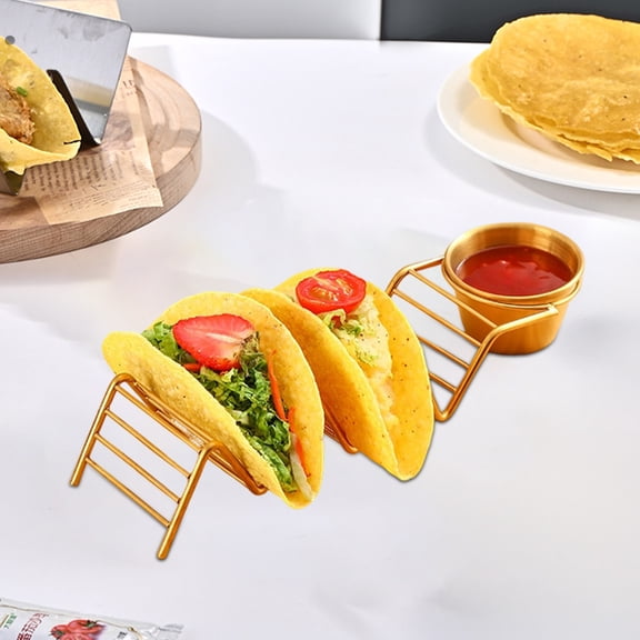 CaiYueKe Stainless Steel Taco Holder Stand with Sauce Cup Dip Bowls Tortilla Rack Mexican Food Serving Tray Nacho Chip Organizer Kitchen Countertop Storage Party Supplies