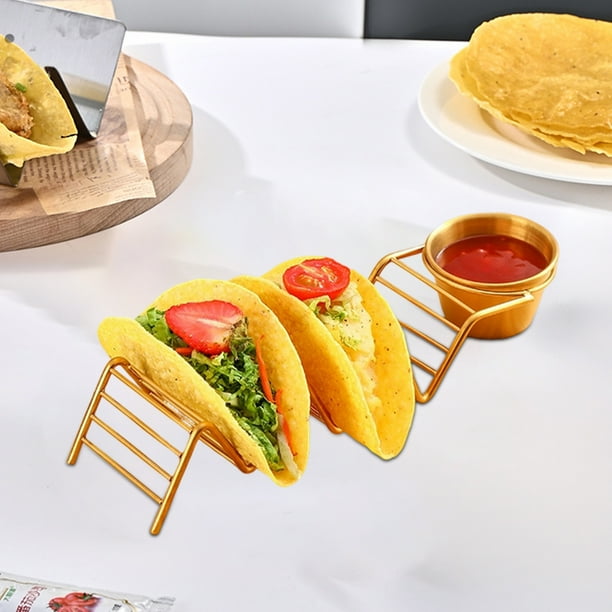 Soporte para tacos de acero inoxidable con taza para salsa | Tortillero individual | Soporte para tacos duradero, dorado y plateado | Exhibidor compacto para pan plano y panqueques | Diseño