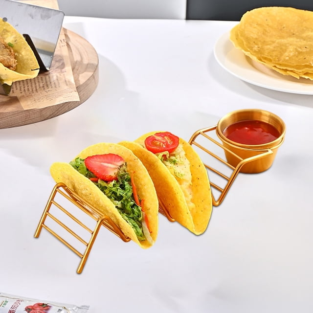 Soporte para tacos de acero inoxidable con taza para salsa | Tortillero individual | Soporte para tacos duradero, dorado y plateado | Exhibidor compacto para pan plano y panqueques | Diseño