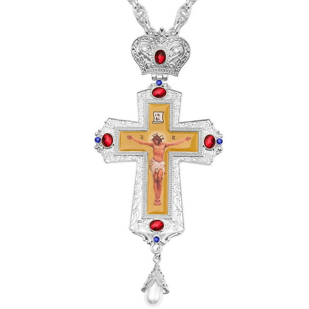 Collar con colgante grande para hombre, crucifijo cristiano y ortodoxo, Jesús, Cruz rusa, oración, joyería rusa, Collar de Pastor