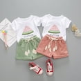 thumbnail image 4 of Ropa para niñas pequeñas, camiseta de sandía + pantalones cortos de lino con cinturón, bonito conjunto corto de verano brillar Electrónica, 4 of 5