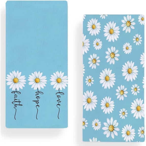 Watercolor Daisy Flower Kitchen Dish Towel 18 x 28 Inch Set of 2, Love Hope Faith Spring Summer Floral Tea Towels Dish Cloth for Cooking Baking