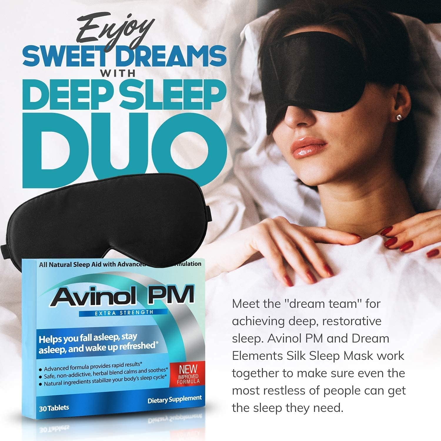 Avinol PM Extra Strength and Dream Elements Sleep Mask | All-in-One Natural Sleep Aid (30 ct) - 100% Pure Mulberry Silk Eye Mask
