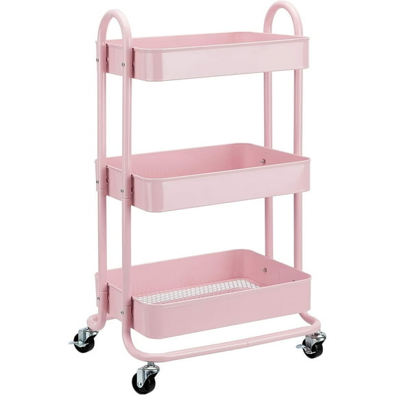 3-Tier Rolling Utility or Kitchen Cart, Lockable Wheels, Multifunctional Storage, Dusty Pink