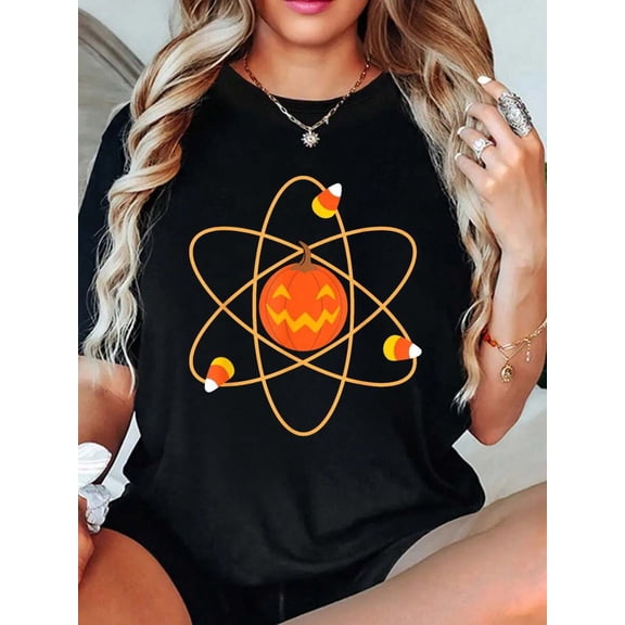 Women's Funny Candy Corn Physics Atom Halloween Graphic T-Shirt, Fall Casual Wear