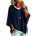 thumbnail image 2 of HaCpiu Women's Solid Hooded Knit Top, Casual Loose 3/4 Sleeve Poncho Sweater, Lightweight Flowy Pullover Sweatshirt with Drawstring, Navy S, 2 of 6