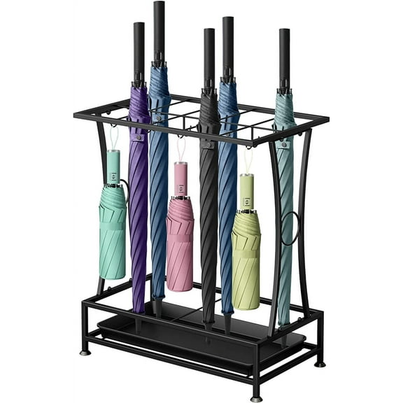Metal Umbrella Holder Stand with Removable Drip Tray, Industrial Free Standing Umbrella Rack Organizer for Entryway Home Office Patio Decor(10 Slots 8 Hooks, Black)