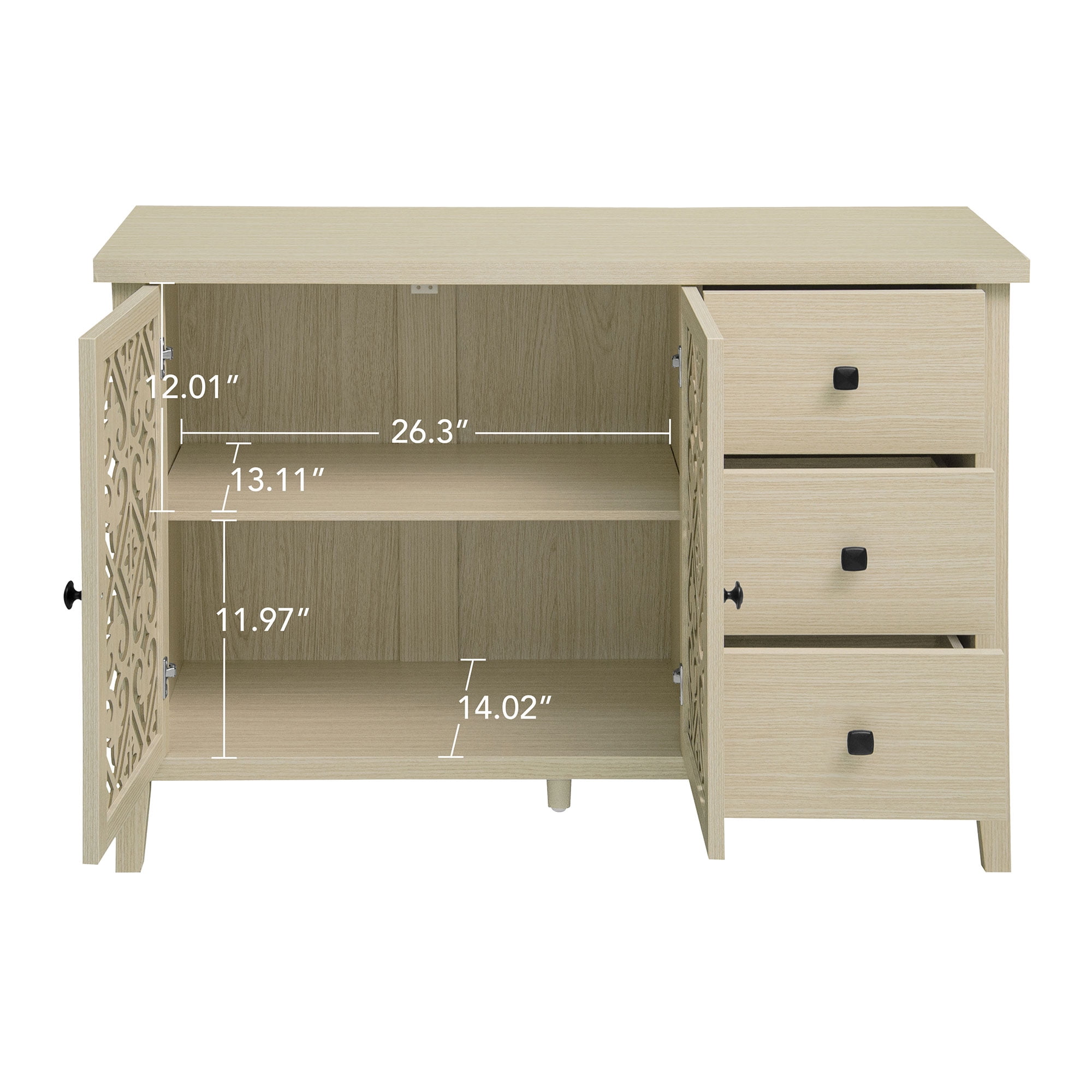 Gewnee Hollow-Design 2-Door 3-Drawer Cabinet, Classic American Style Storage for Bedroom, Living Room and Study