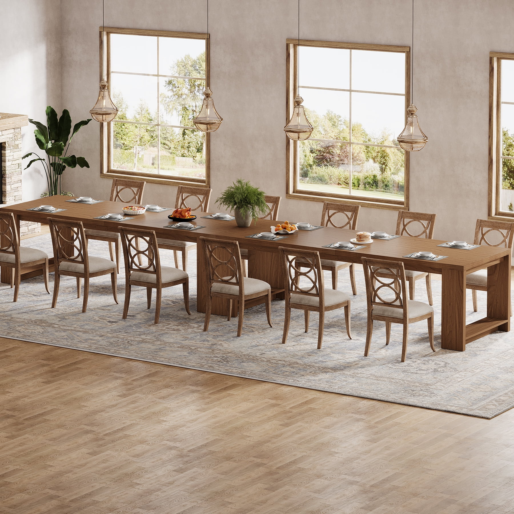 Tribesigns 86.61-inch Extra Long Dining Table for 6-8, Farmhouse Narrow Kitchen Table with Sturdy Legs, for Living Room, Dining Room, Walnut