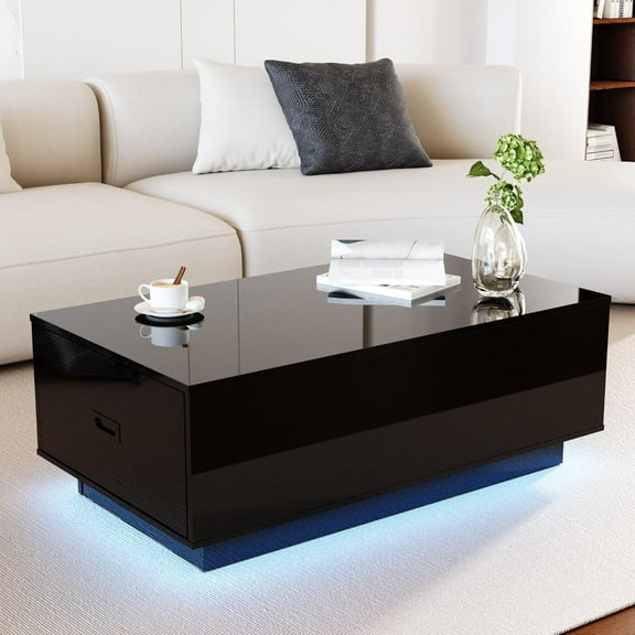 DIYART Black High Glossy Coffee Table, led Coffee Table with 2 Drawers, Modern Coffee Table for Living Room, Coffee Table with LED
