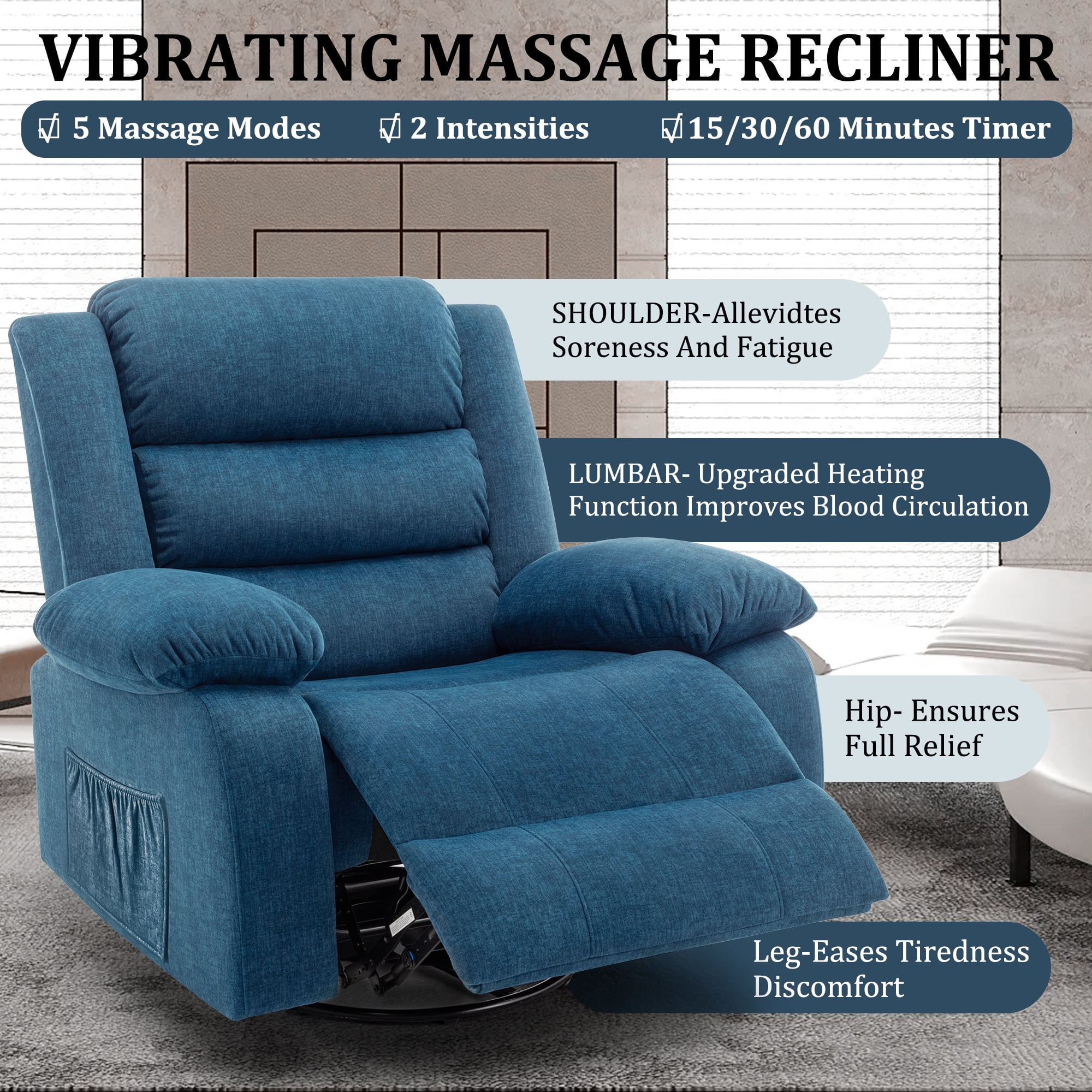 Korser Oversized Swivel Rocker Recliner Chair for Adults 40.6'' Wide for Nursery Living Room,Blue