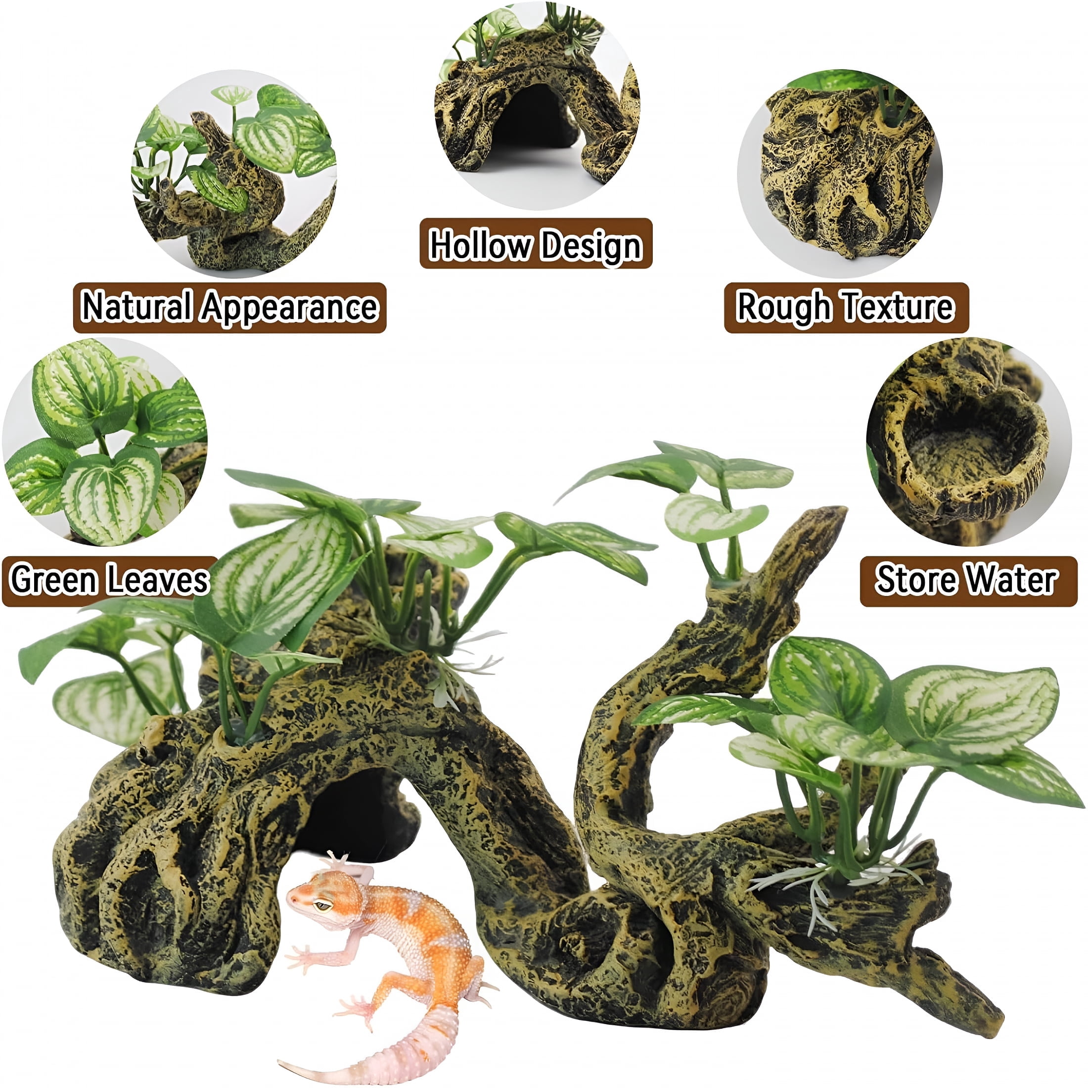 XIBUFE 2026 New Resin Branch for Reptile Tank,Crested Gecko Climbing Branches with Hideout Cave Bearded Dragon Tank Accessories Lizard Terrarium Habitat Plant Decorations for Snake Gecko Spider Frog
