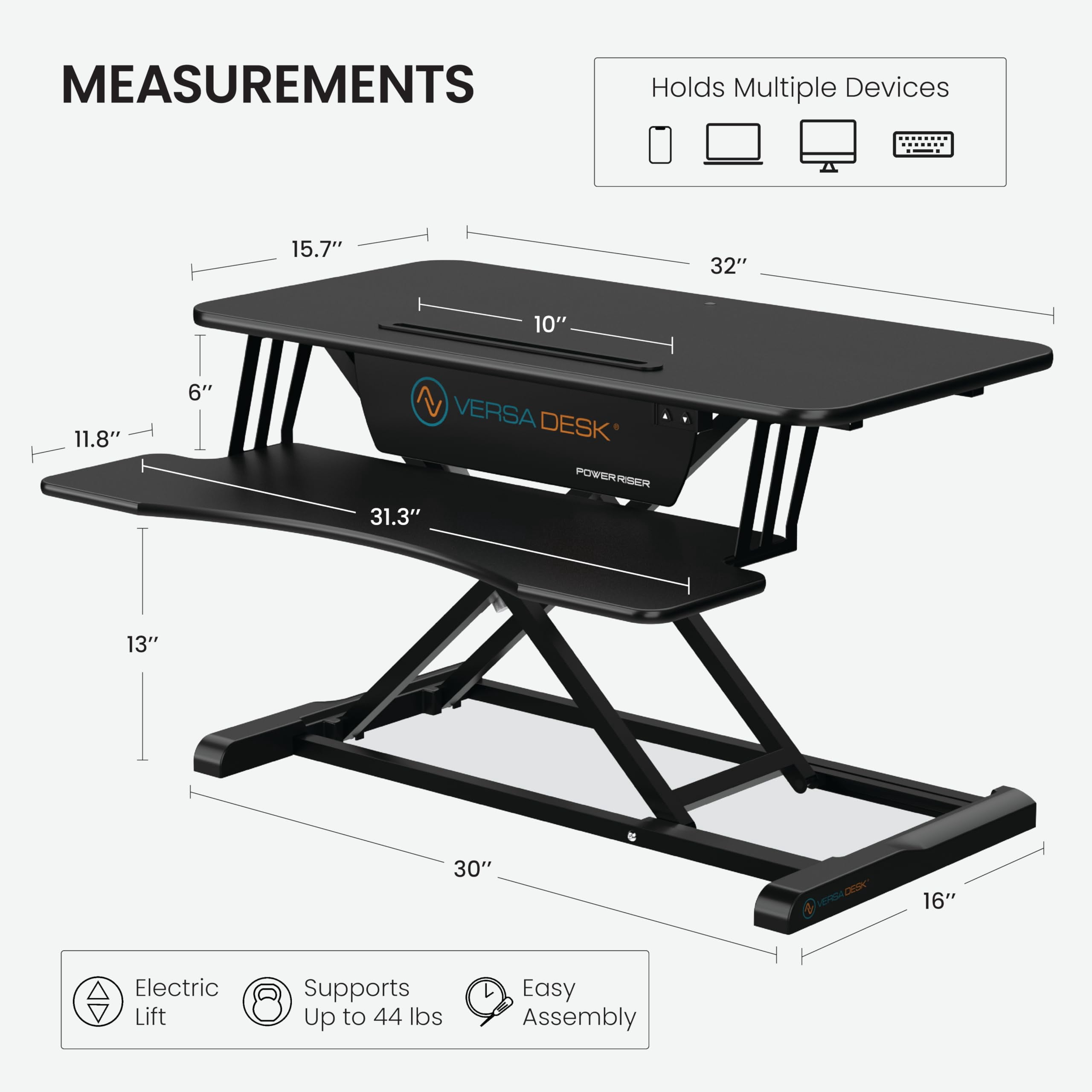 VersaDesk PowerRiser Electric Height Adjustable Standing Desk Riser, MDF & Steel, Keyboard Tray, Sit-to-Stand, Dual Monitor Support, | Black, ( 32 )
