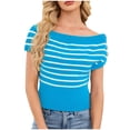 thumbnail image 2 of Sevevn Women Sexy Boat Neck Off Shoulder Sweater,Short Cap Sleeve Striped Knit Crop Top,Spring Summer Trendy Casual Outfit, 2 of 8