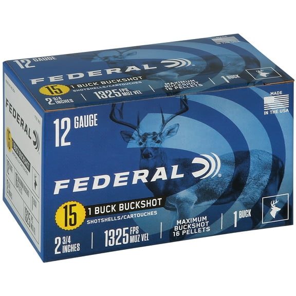 Federal Power-Shok Buckshot, 12 ga, 1 Buckshot, 2-3/4 in, 1325 fps, 15 Count