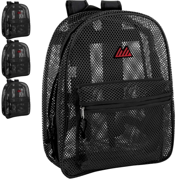 24 Pack of Bulk Wholesale Solid Color Transparent See Through Mesh Stadium Approved Backpacks for Travel and Commuting in Black