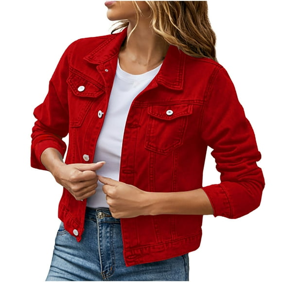 TIMIFIS Women's Denim Jean Jacket Outfits Coat Spring Fall Ripped Jean Outerwear Denim Jacket-Red - Fall/Winter