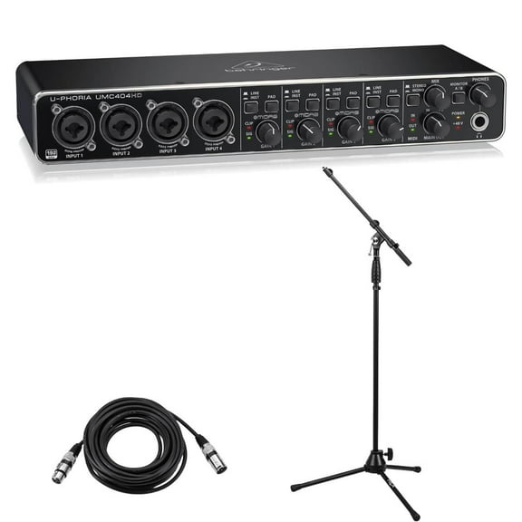 Behringer U-PHORIA UMC404HD USB 2.0 Audio Interface - Bundle With XLR Professional Microphone Cable 15', Tripod Microphone Stand with Telescoping Boom (3 Items)