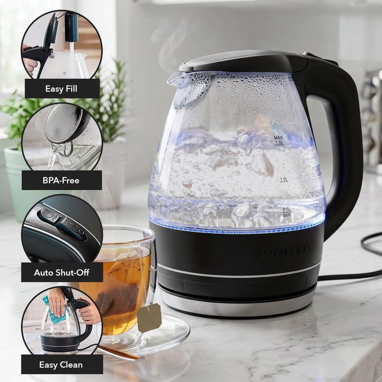 Ovente Electric Glass Kettle, 1.5L, Black with Blue LED photo 2