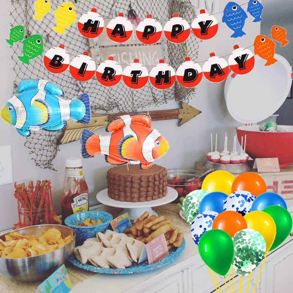 36 Pieces Fishing First Birthday Decorations Fisherman Birthday Banner The Big One First Birthday Fishing Cupcake Toppers Fish Foil Balloons for Baby Shower Fishing Theme Party Supplies 