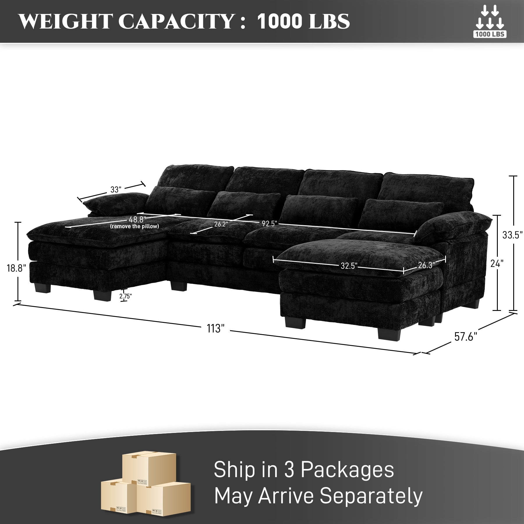 Wiilayok 114" U Shaped Sectional Sofa with Chaise Lounge and Ottoman,Chenille Modular Sectional Sofa Couch for Living Room,Black
