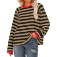 thumbnail image 4 of Long Sleeve Shirts for Women Casual Loose Crew Neck Color Block Striped Pullover 2025 Trendy Fall Soft Comfy Tops,Brown,M, 4 of 5
