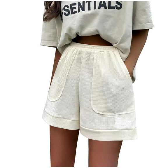 UYISJ Women's Fashion Shorts Waffle Knit Casual Summer Shorts Loose Fitted Elastic Waist Shorts with Pockets Solid Color Shorts Beige L