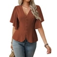 thumbnail image 3 of Stichou Women's Shirts Casual V Neck Tops Half Sleeve Elegant Spring Summer Fashion Blouses Solid Button Blouses Brown S, 3 of 7